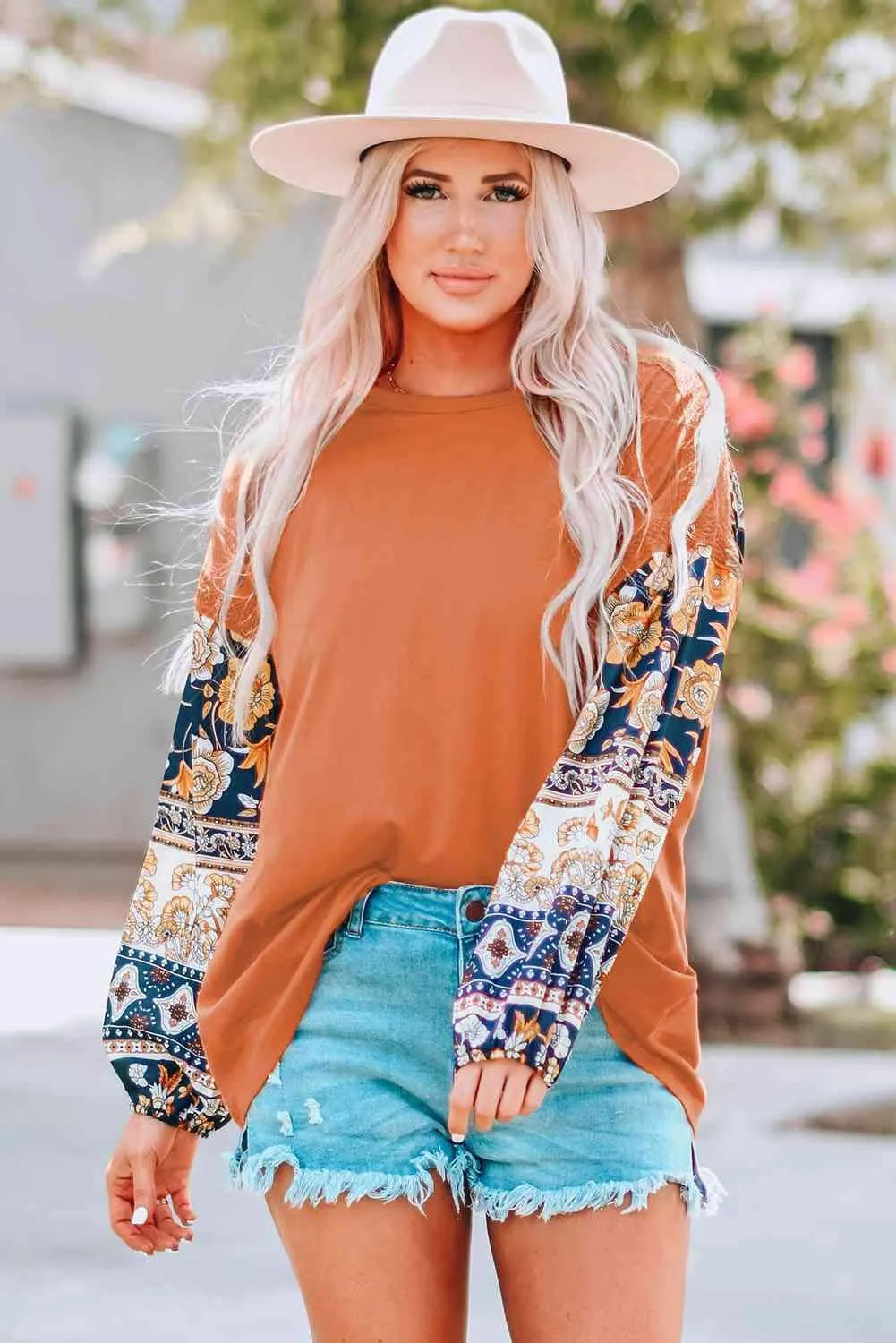 Floral Drop Shoulder Round Neck Top Blouses - Tophatter Daily Deals