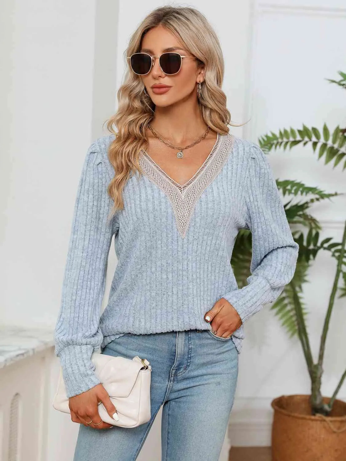 Lace Detail V-Neck Ribbed Blouse Misty Blue Blouses - Tophatter Daily Deals