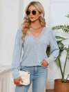 Lace Detail V-Neck Ribbed Blouse Misty Blue Blouses - Tophatter Daily Deals