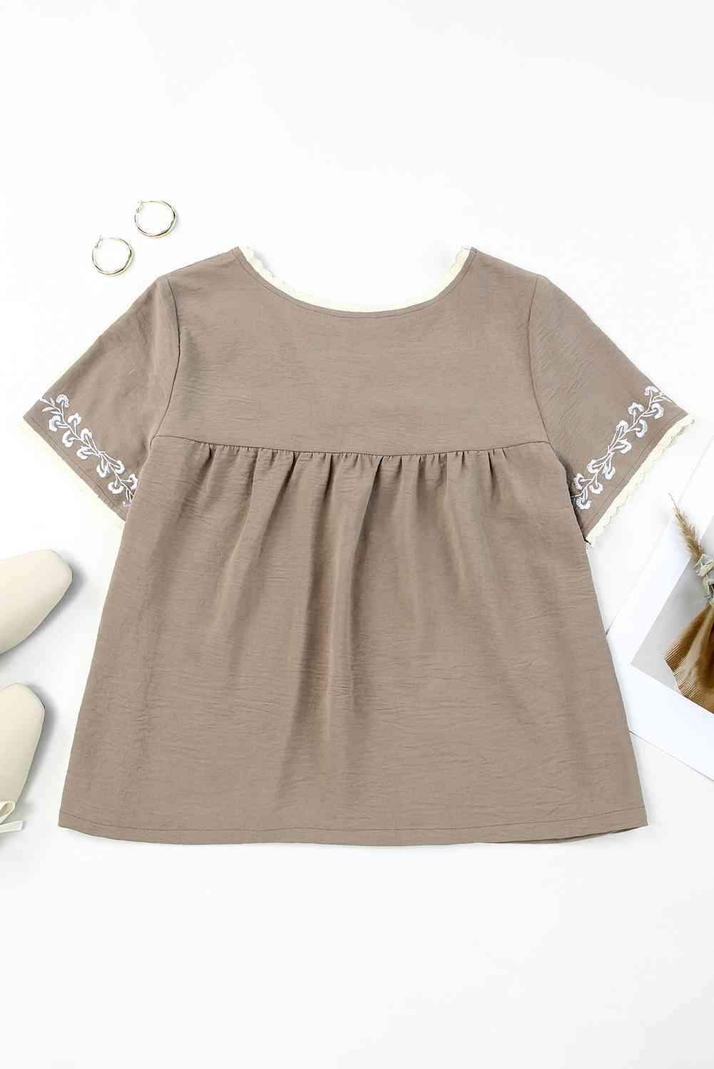 Embroidered Round Neck Short Sleeve Blouse Blouses - Tophatter Daily Deals