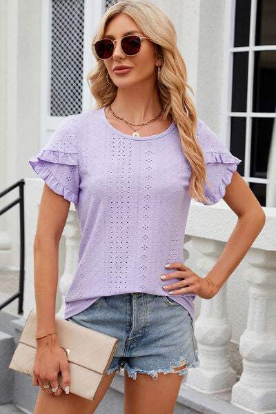 Eyelet Round Neck Petal Sleeve T-Shirt Women's T-Shirts - Tophatter Daily Deals