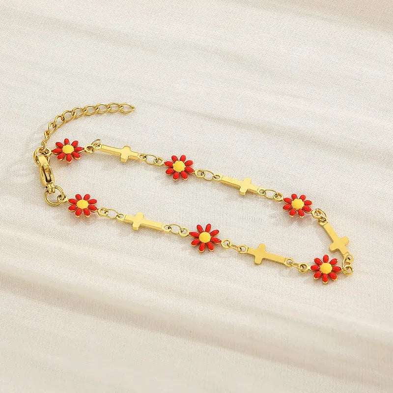 Flower & Cross Stainless Steel Bracelet Red One Size Bracelets - Tophatter Daily Deals