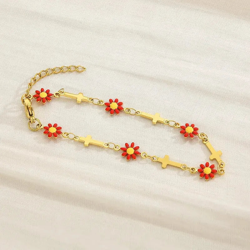 Flower & Cross Stainless Steel Bracelet Red One Size Bracelets - Tophatter Daily Deals