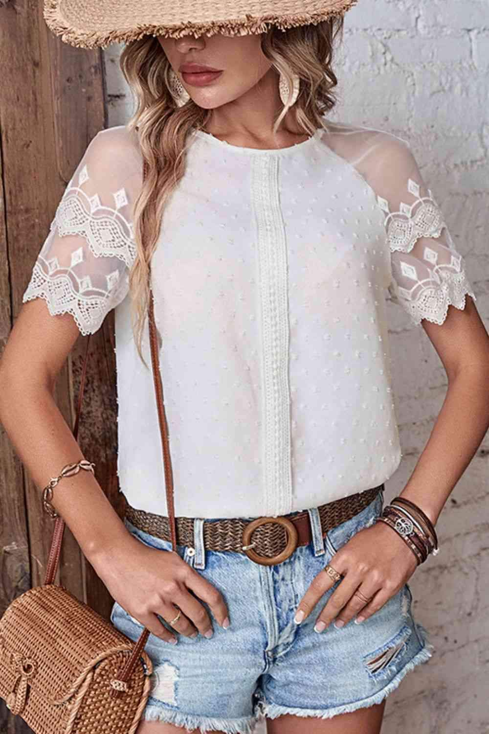 Swiss Dot Spliced Lace Round Neck Blouse White Blouses - Tophatter Daily Deals