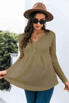 Button Front Waffle Knit Babydoll Top Army Green Blouses - Tophatter Daily Deals