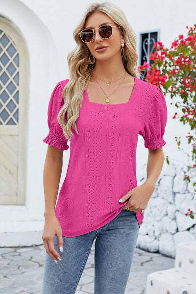 Eyelet Square Neck Short Sleeve T-Shirt Women's T-Shirts - Tophatter Daily Deals