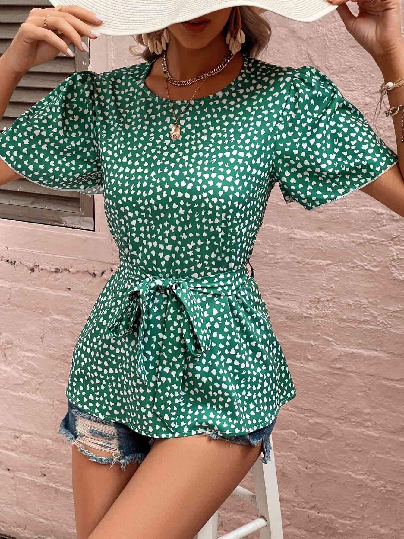 Heart Print Tie Belt Puff Sleeve Blouse Blouses - Tophatter Daily Deals