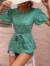 Heart Print Tie Belt Puff Sleeve Blouse Blouses - Tophatter Daily Deals