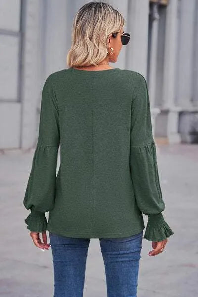 Round Neck Flounce Sleeve Blouse Blouses - Tophatter Daily Deals