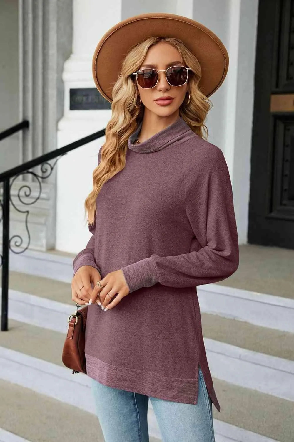 Turtle Neck Long Sleeve Slit Blouse Blouses - Tophatter Daily Deals