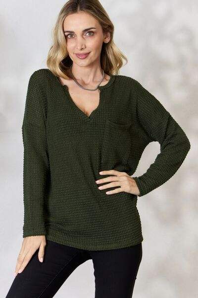 BiBi Notched Popcorn Waffle Long Sleeve Top Olive Blouses - Tophatter Daily Deals