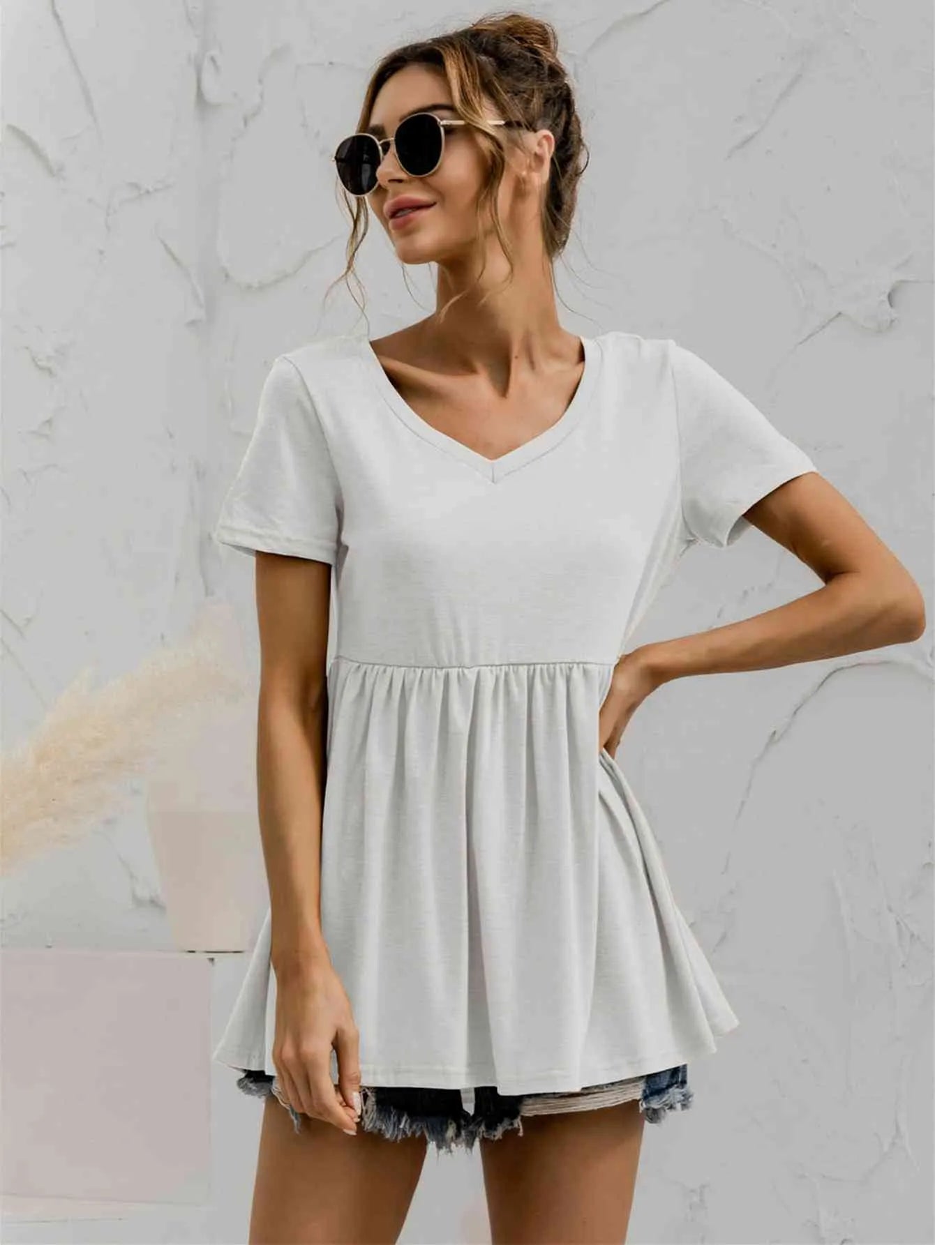 V-Neck Short Sleeve Babydoll Top Blouses - Tophatter Daily Deals