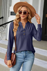 Notched Neck Long Sleeve Buttoned Blouse Navy Blouses - Tophatter Daily Deals