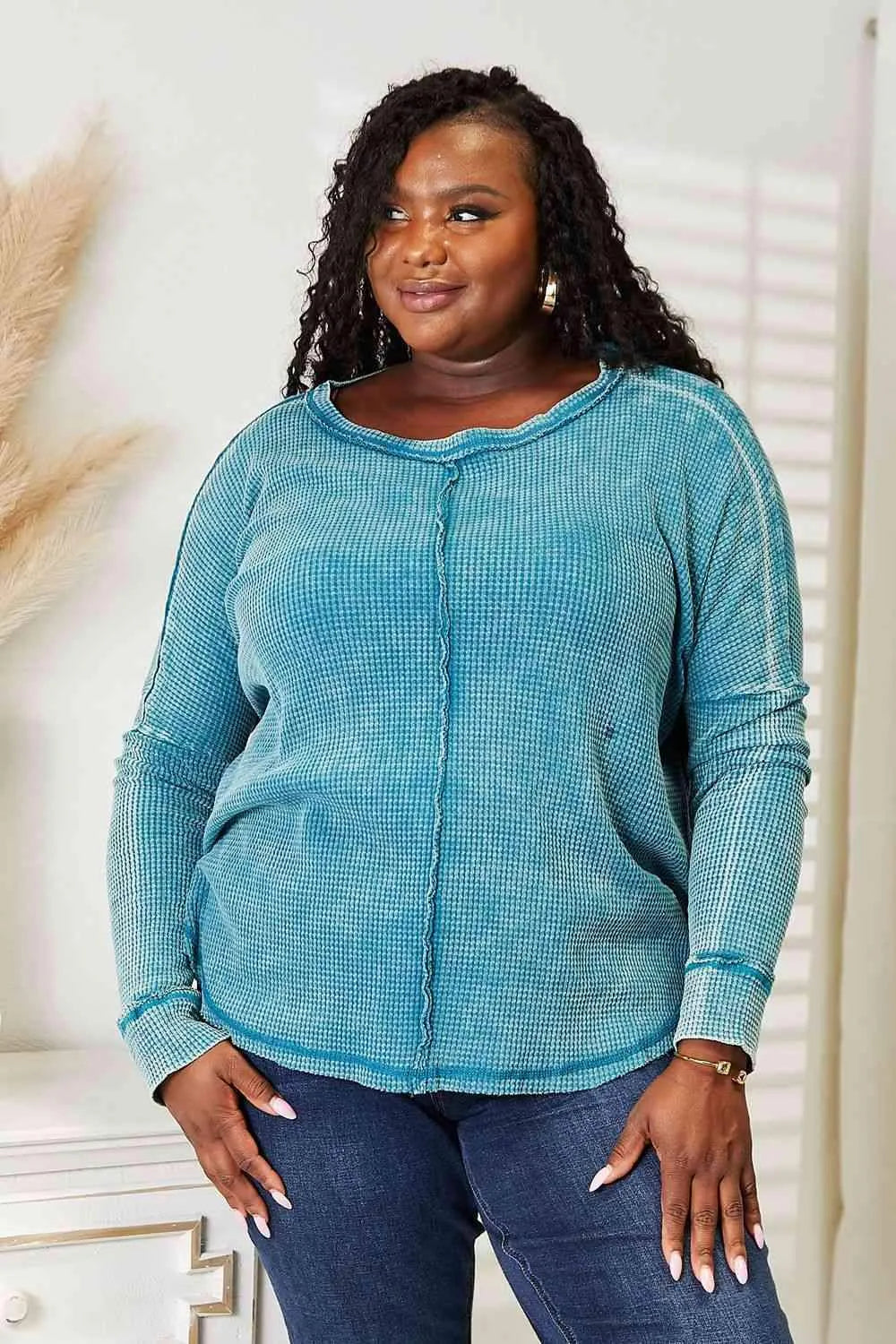 Zenana Full Size Washed Baby Waffle Oversized Long Sleeve Top Turquoise Blouses - Tophatter Daily Deals