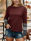 Geometric Waffle-Knit Buttoned Round Neck T-Shirt Wine Women's T-Shirts - Tophatter Daily Deals