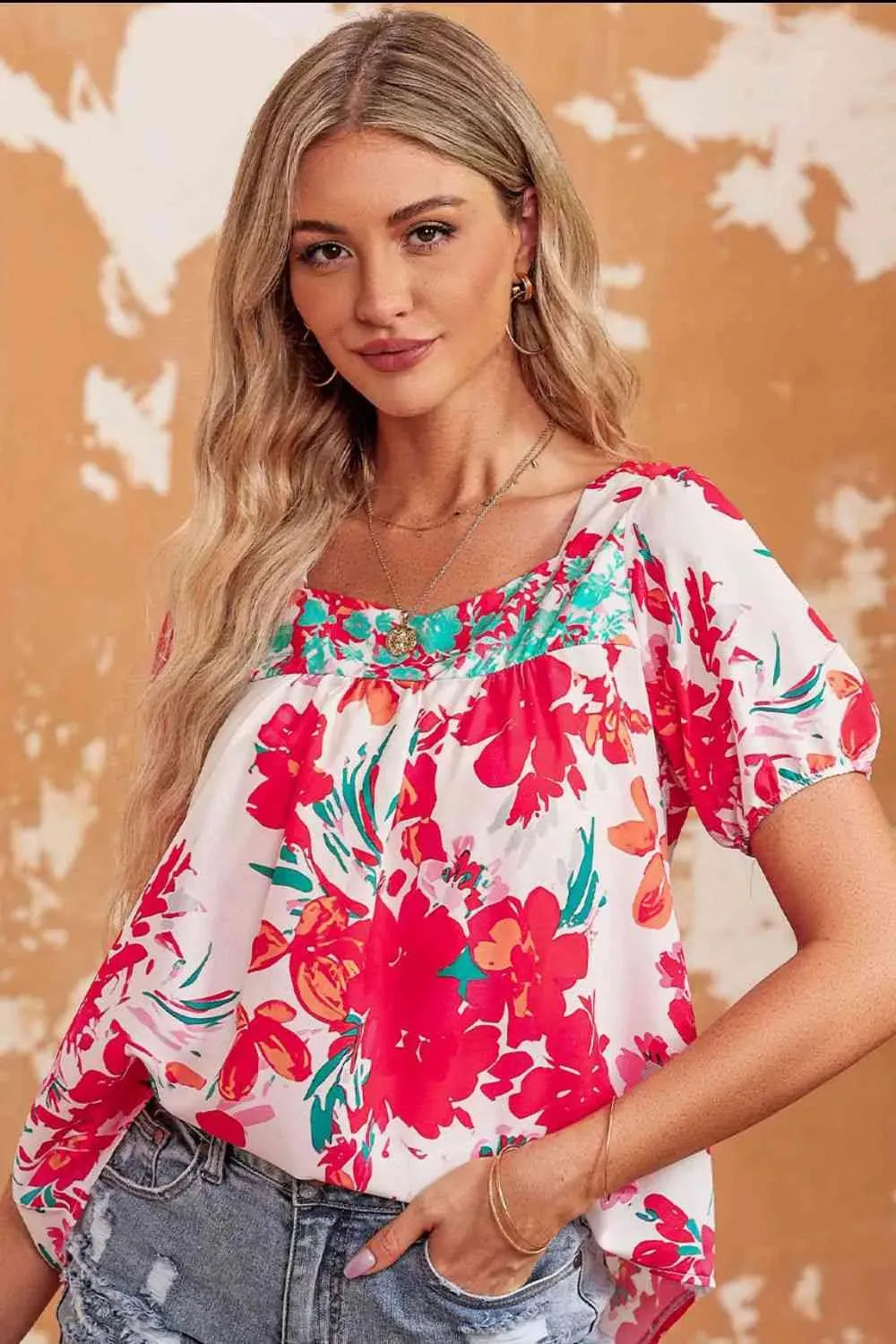 Floral Tie Back Square Neck Blouse Floral Blouses - Tophatter Daily Deals