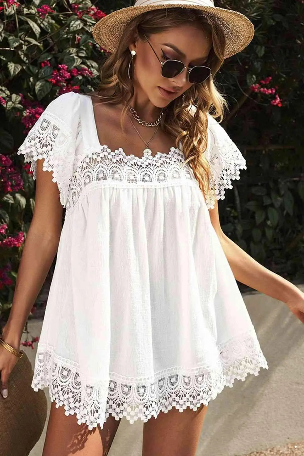 Lace Detail Square Neck Short Sleeve Blouse White Blouses - Tophatter Daily Deals