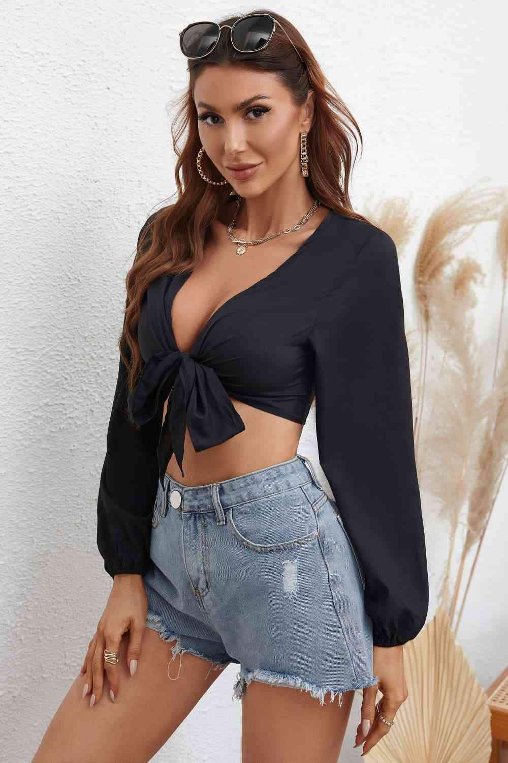 Plunge Cropped Tie Front Blouse Blouses - Tophatter Daily Deals