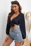 Plunge Cropped Tie Front Blouse Blouses - Tophatter Daily Deals