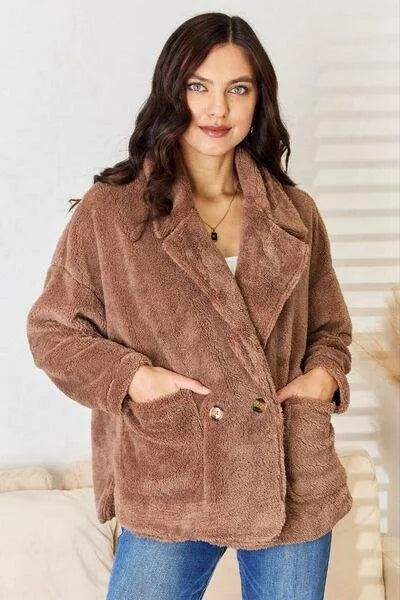 Culture Code Double Breasted Fuzzy Coat New Taupe Blouses - Tophatter Daily Deals
