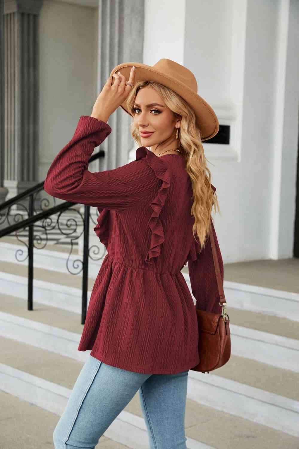 Round Neck Ruffled Peplum Blouse Blouses - Tophatter Daily Deals