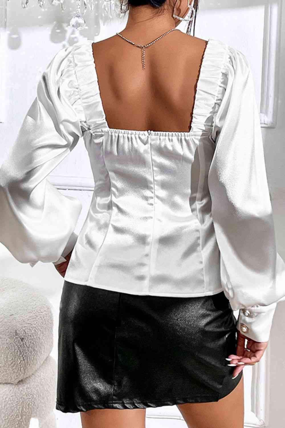 Decorative Button Square Neck Satin Blouse Blouses - Tophatter Daily Deals