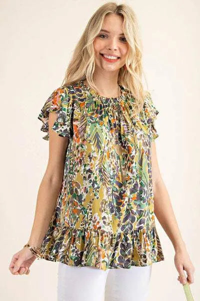 Kori America Full Size Printed Ruffle Hem Cap Sleeve Blouse Blouses - Tophatter Daily Deals