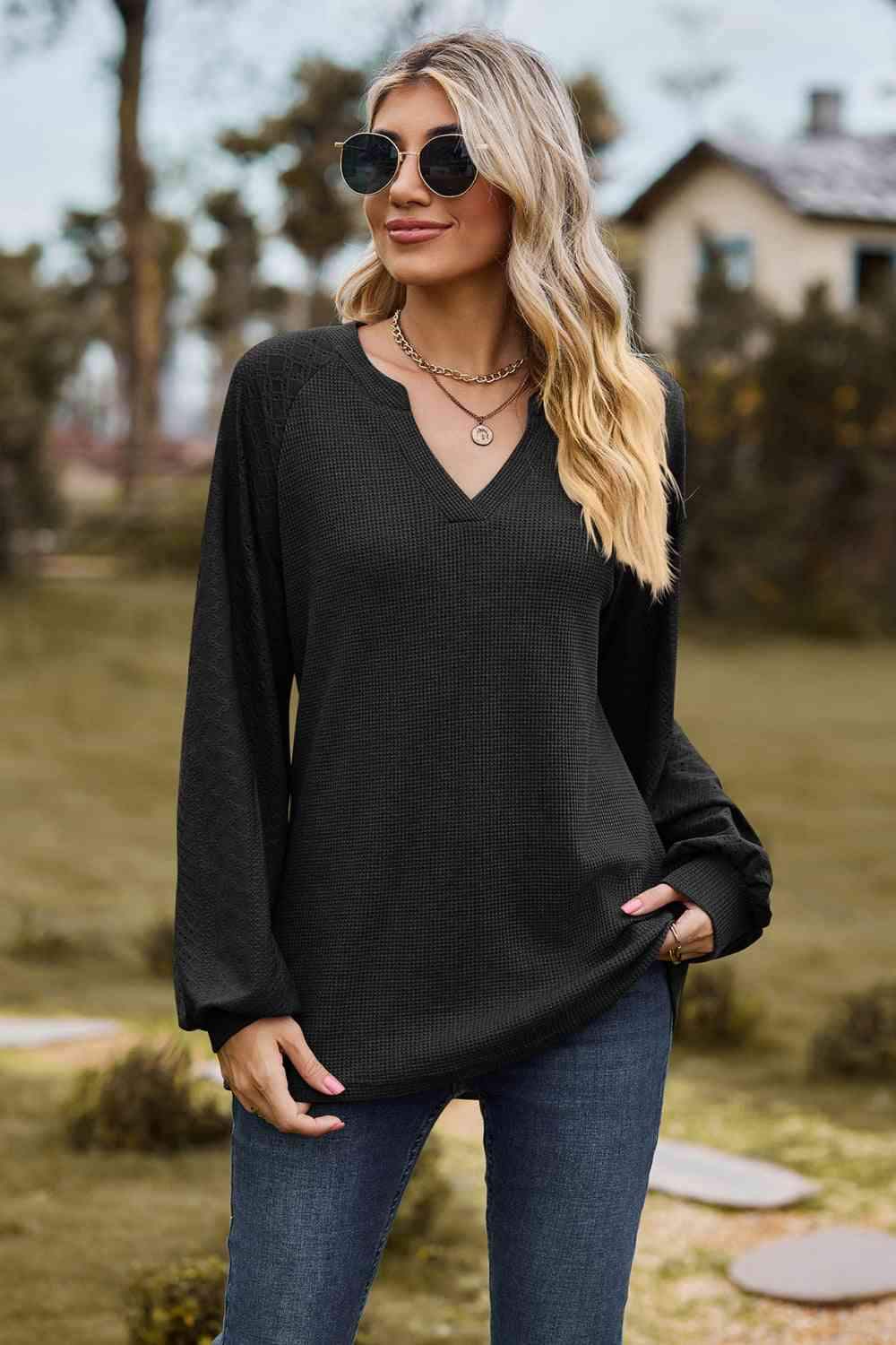 Notched Neck Raglan Sleeve Blouse Blouses - Tophatter Daily Deals