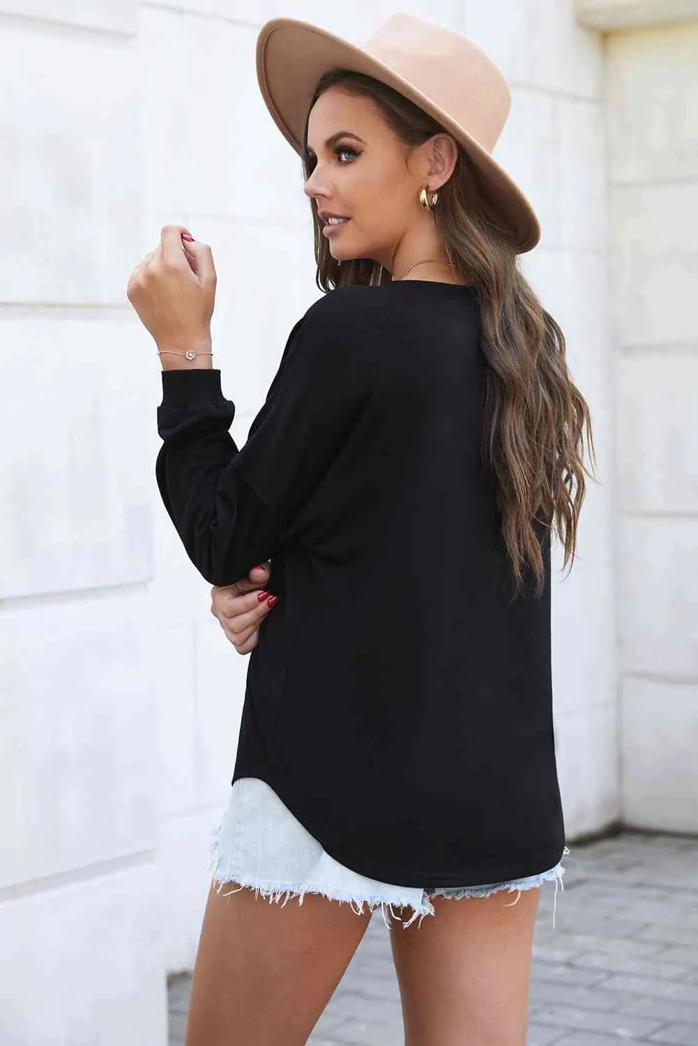 Button Detail Curved Hem Top Blouses - Tophatter Daily Deals