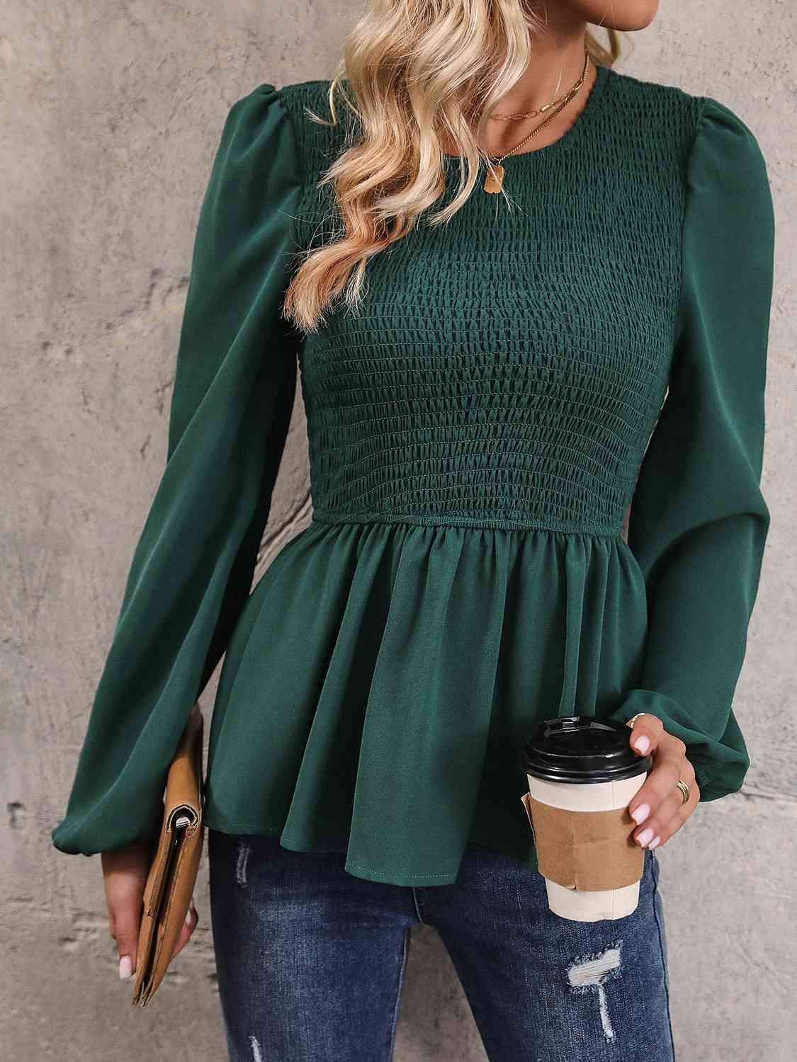 Round Neck Smocked Balloon Sleeve Top Blouses - Tophatter Daily Deals
