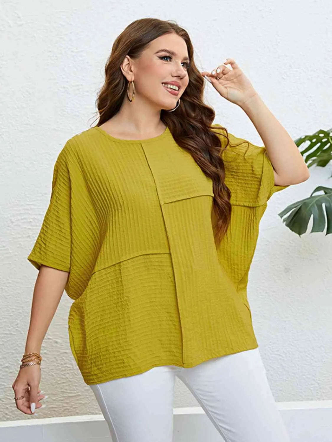 Plus Size Seam Detail Half Sleeve Top Chartreuse Blouses - Tophatter Daily Deals