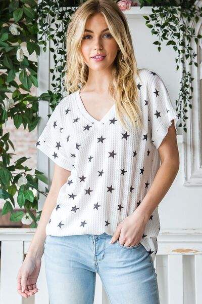 Heimish Full Size Star Print Short Sleeve V-Neck Waffle Knit T-Shirt Blouses - Tophatter Daily Deals