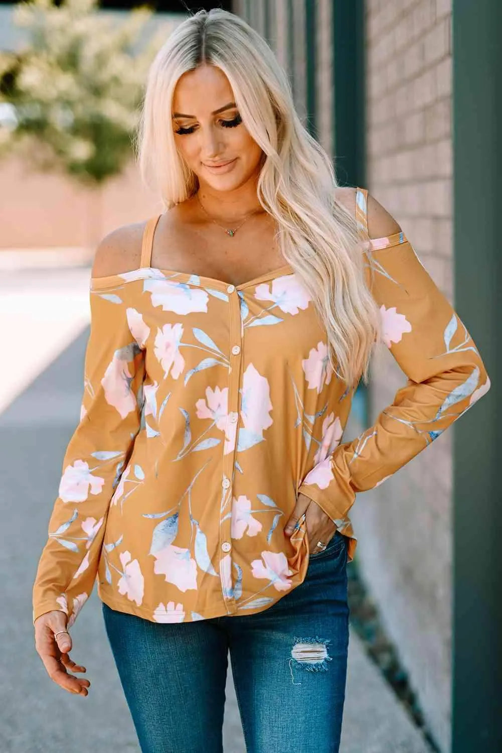 Floral Cold-Shoulder Long Sleeve Top Yellow Blouses - Tophatter Daily Deals
