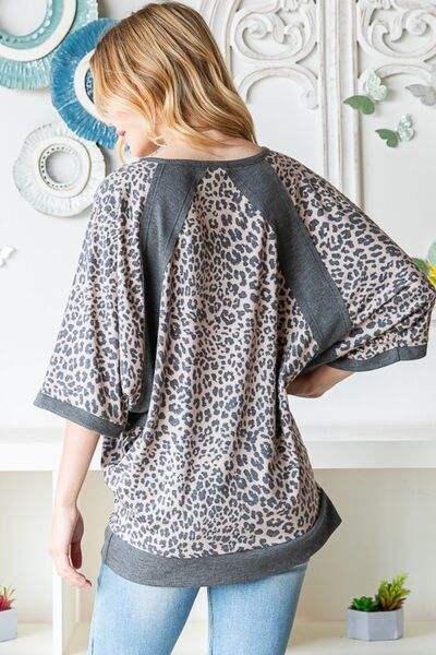 Heimish Full Size Leopard Contrast V-Neck Half Sleeve T-Shirt Blouses - Tophatter Daily Deals