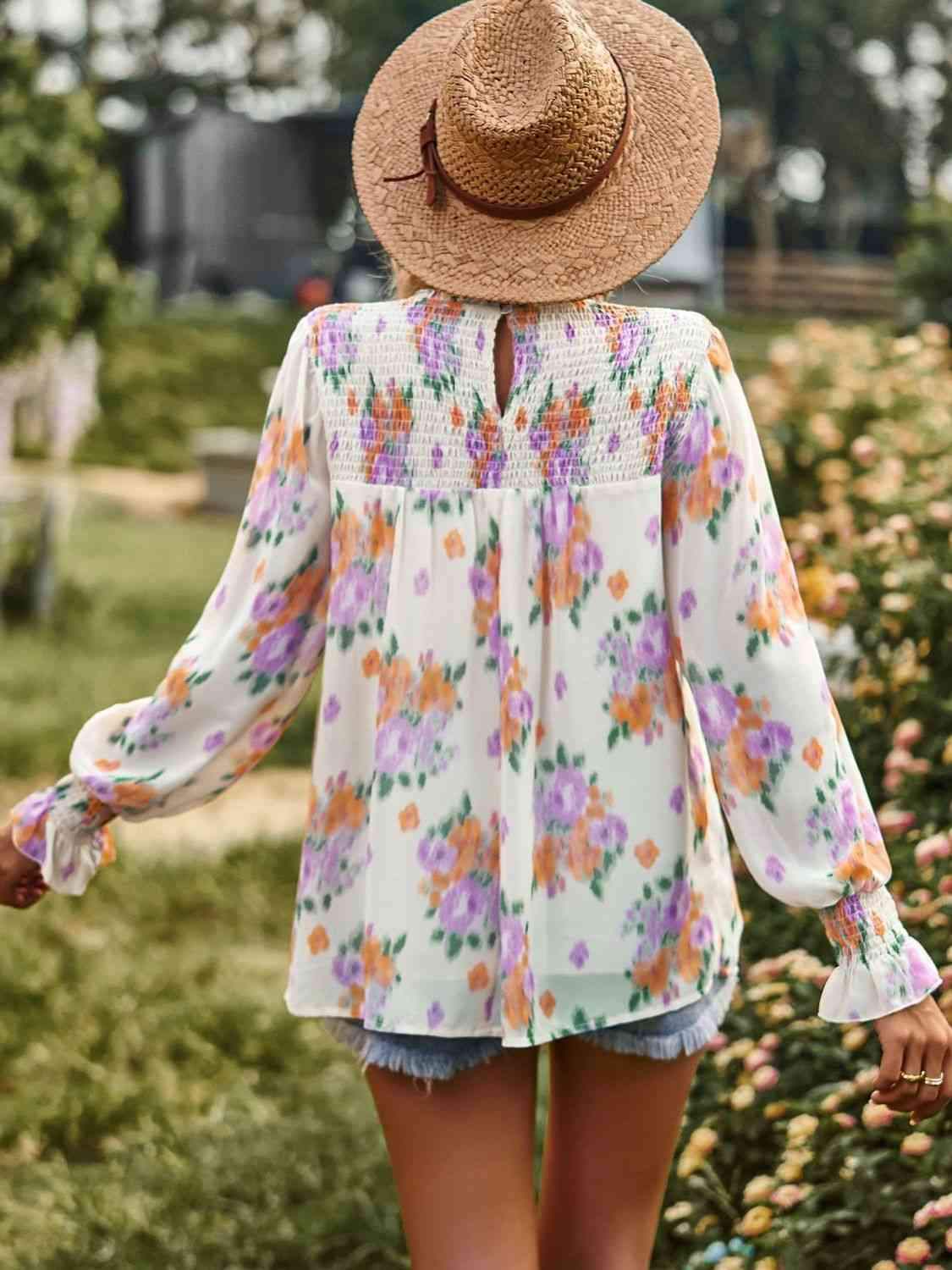 Floral Smocked Lantern Sleeve Blouse Blouses - Tophatter Daily Deals