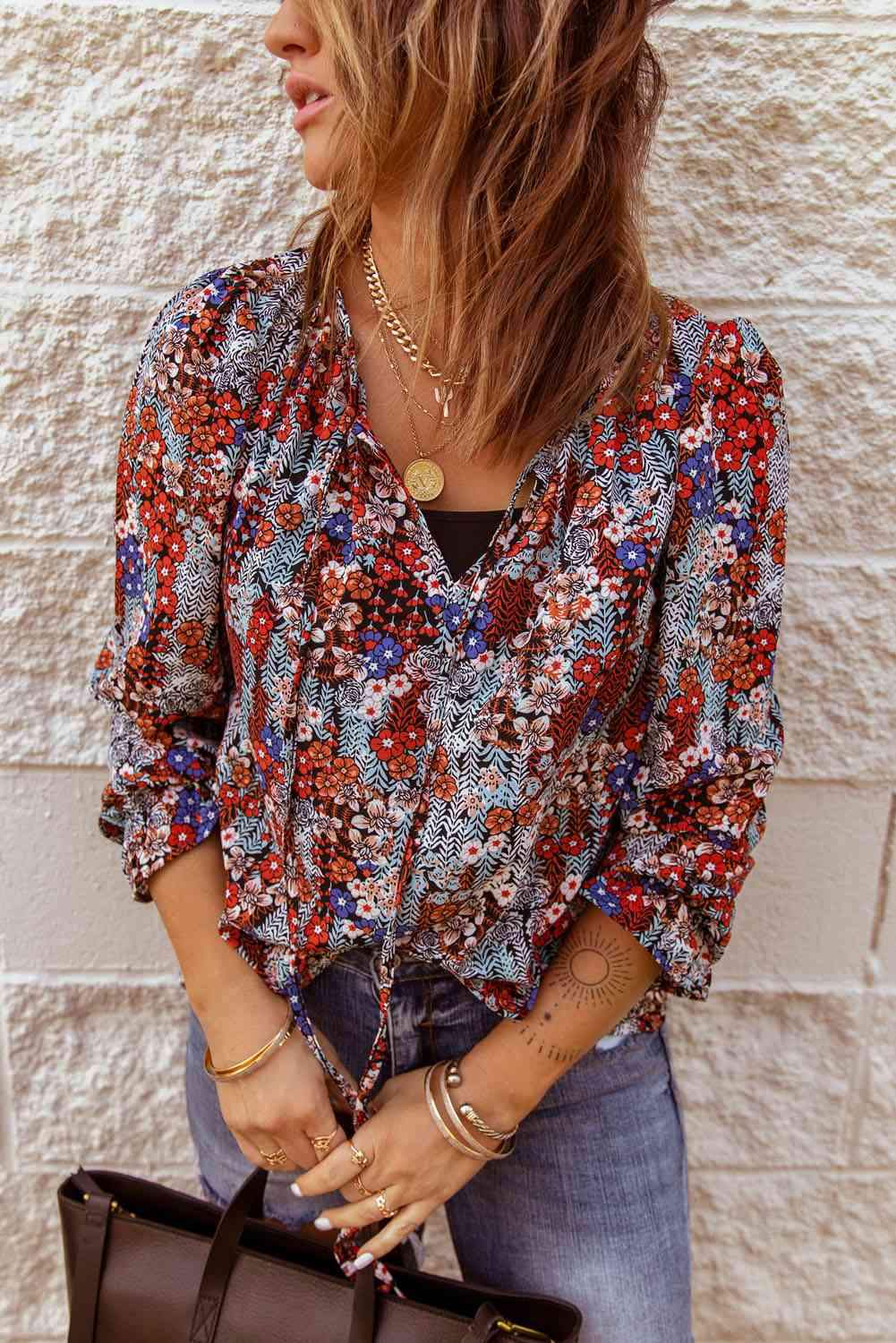 Printed Tie Neck Flounce Sleeve Top Blouses - Tophatter Daily Deals
