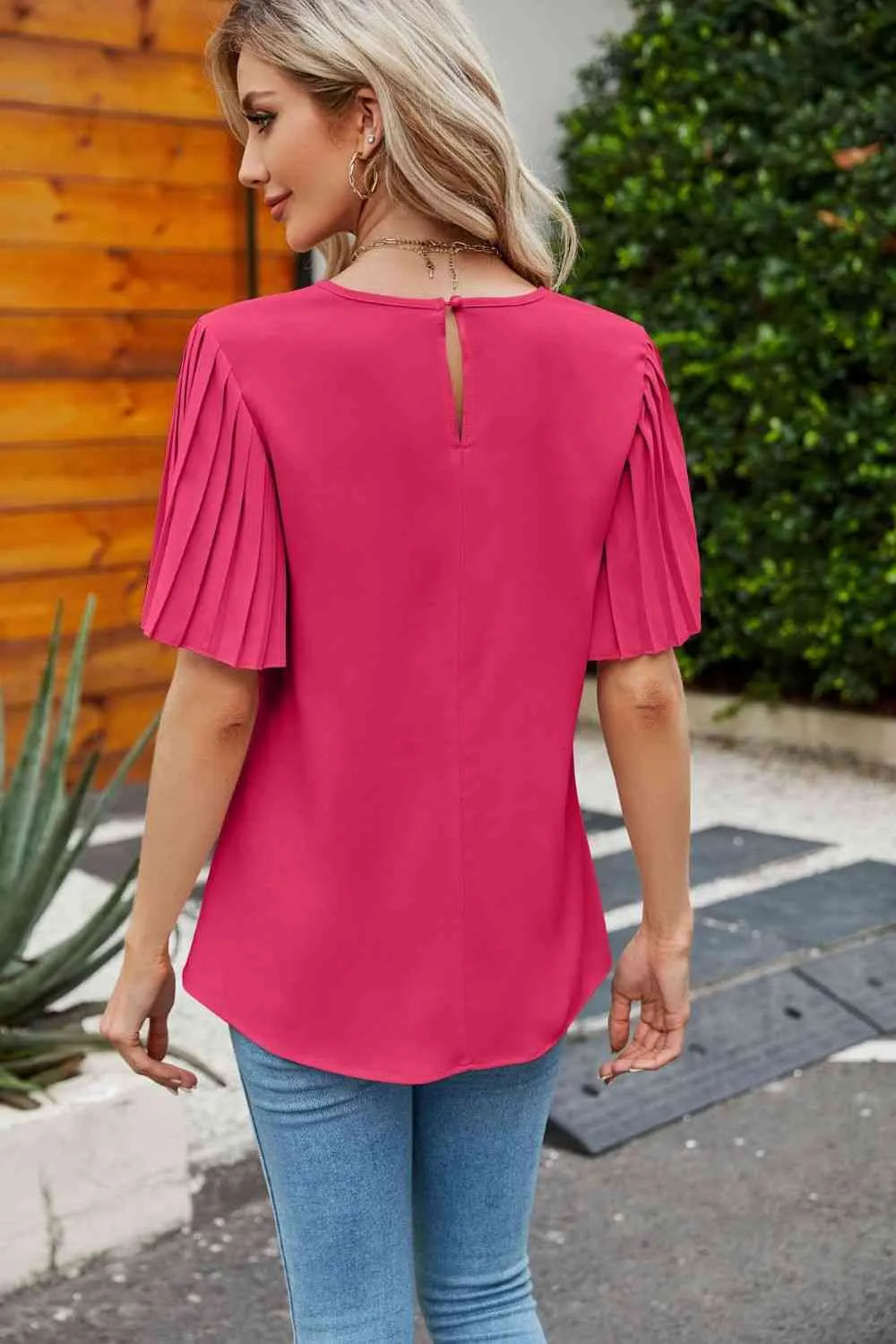 Pleated Flutter Sleeve Round Neck Blouse Blouses - Tophatter Daily Deals