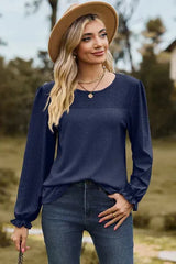 Eyelet Round Neck Flounce Sleeve T-Shirt Navy Women's T-Shirts - Tophatter Daily Deals