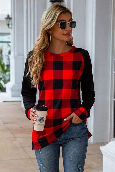 Plaid Round Neck Long Sleeve T-Shirt Women's T-Shirts - Tophatter Daily Deals