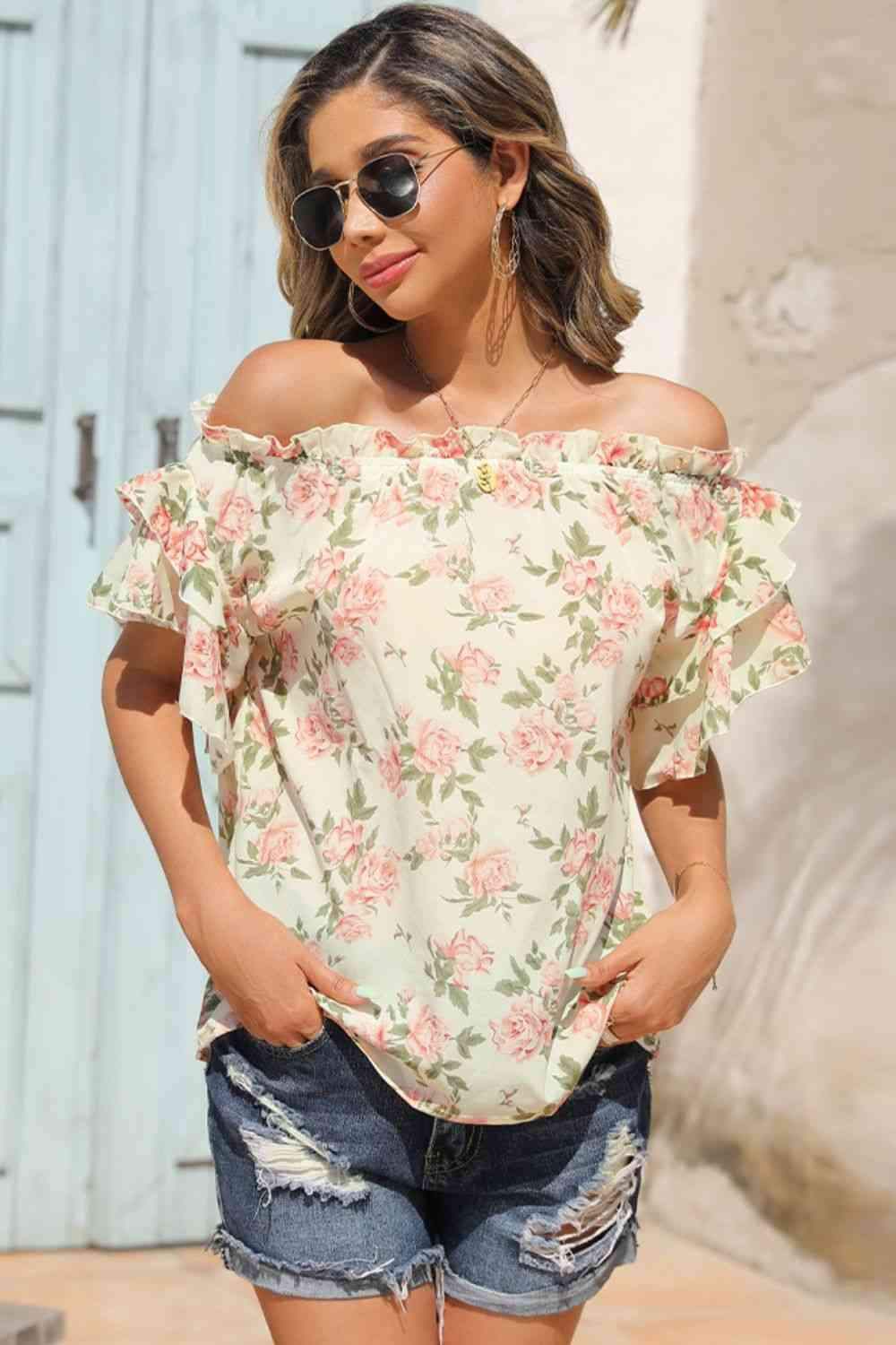 Floral Frill Trim Off-Shoulder Blouse Blouses - Tophatter Daily Deals