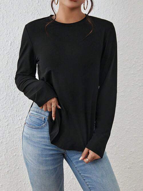 Round Neck Long Sleeve Slit T-Shirt Black Women's T-Shirts - Tophatter Daily Deals