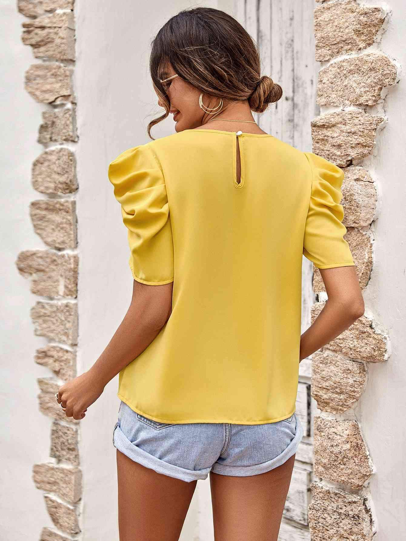 Puff Sleeve Gathered Detail Blouse Blouses - Tophatter Daily Deals