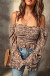 Floral Drawstring Ruched Off-Shoulder Blouse Brown S Blouses - Tophatter Daily Deals