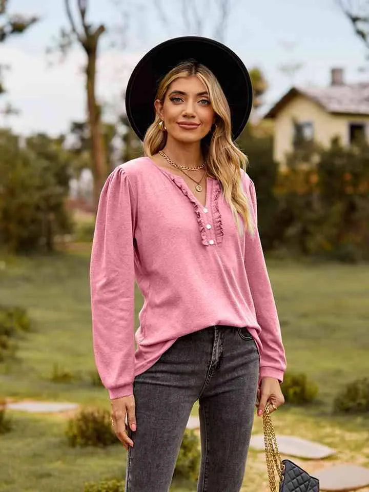 Puff Sleeve Ruffle Trim Blouse Blouses - Tophatter Daily Deals