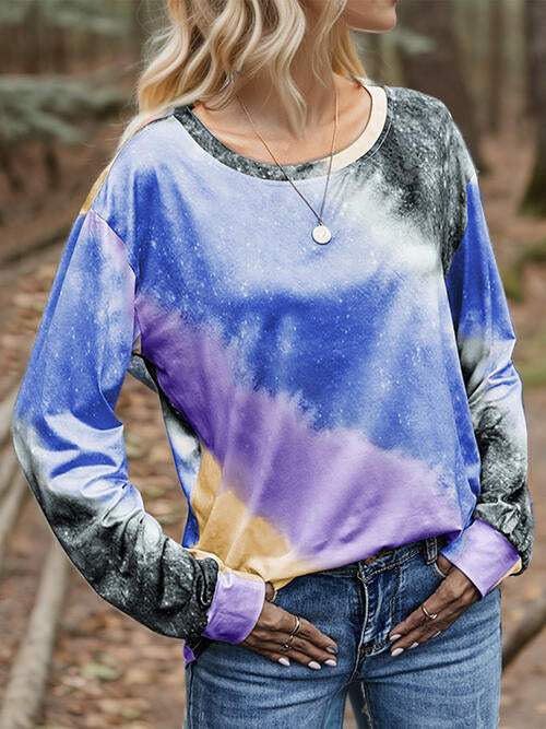 Printed Round Neck Long Sleeve T-Shirt Dusty Blue Women's T-Shirts - Tophatter Daily Deals