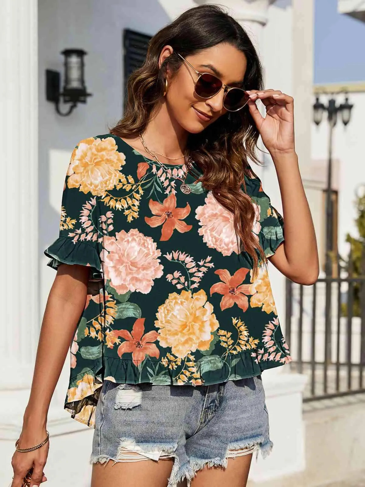 Floral Ruffled Flounce Sleeve Blouse Blouses - Tophatter Daily Deals