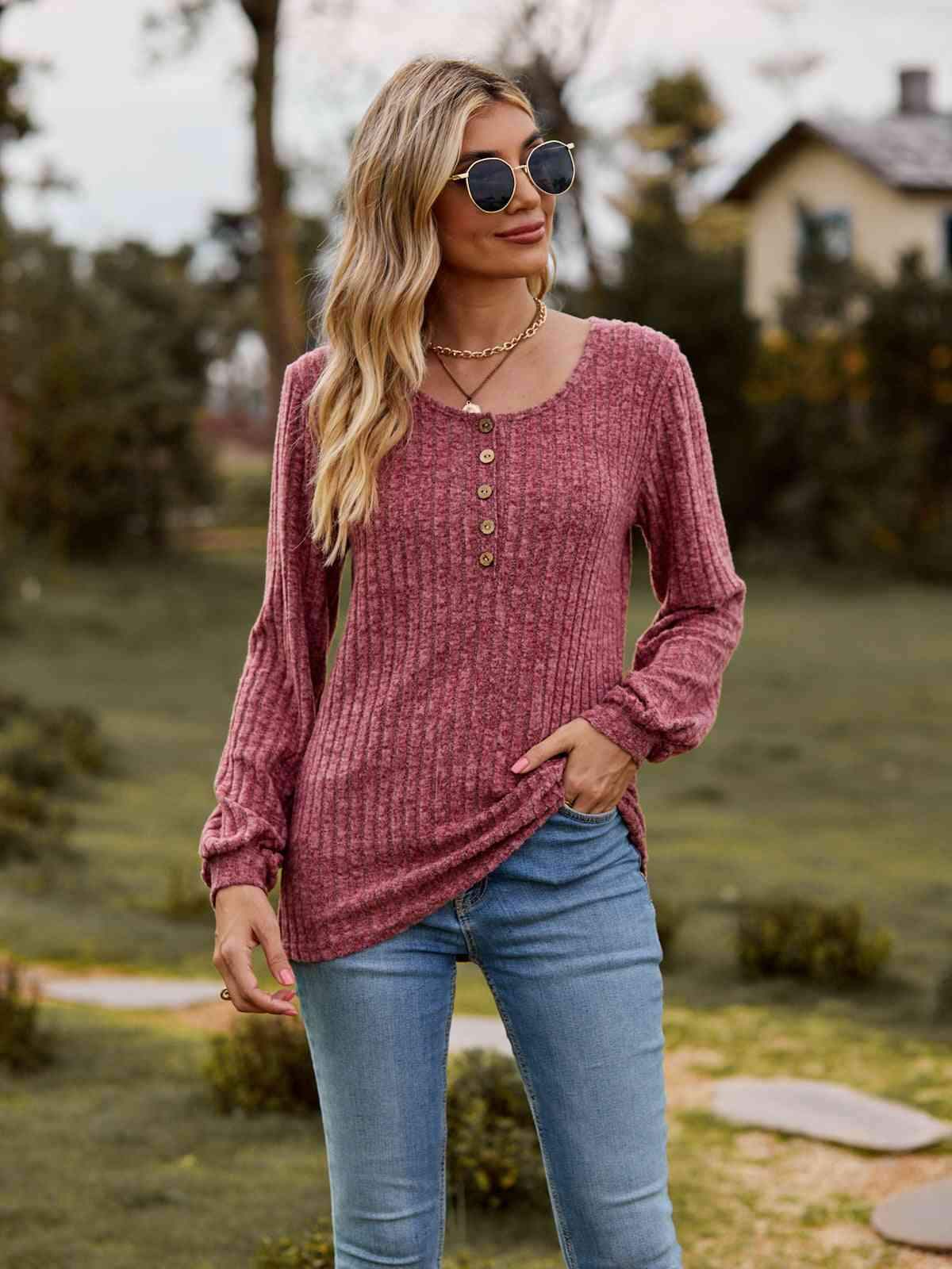 Round Neck Button-Down Long Sleeve Tee Women's T-Shirts - Tophatter Daily Deals