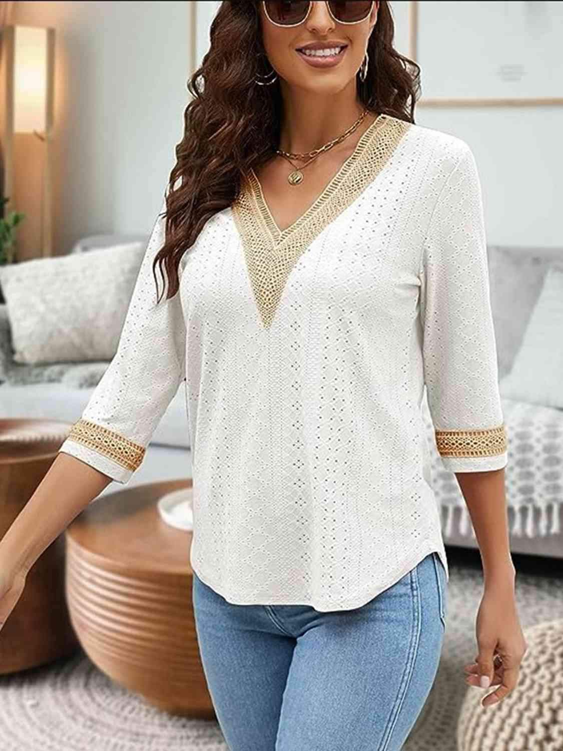 V-Neck Eyelet Blouse Blouses - Tophatter Daily Deals