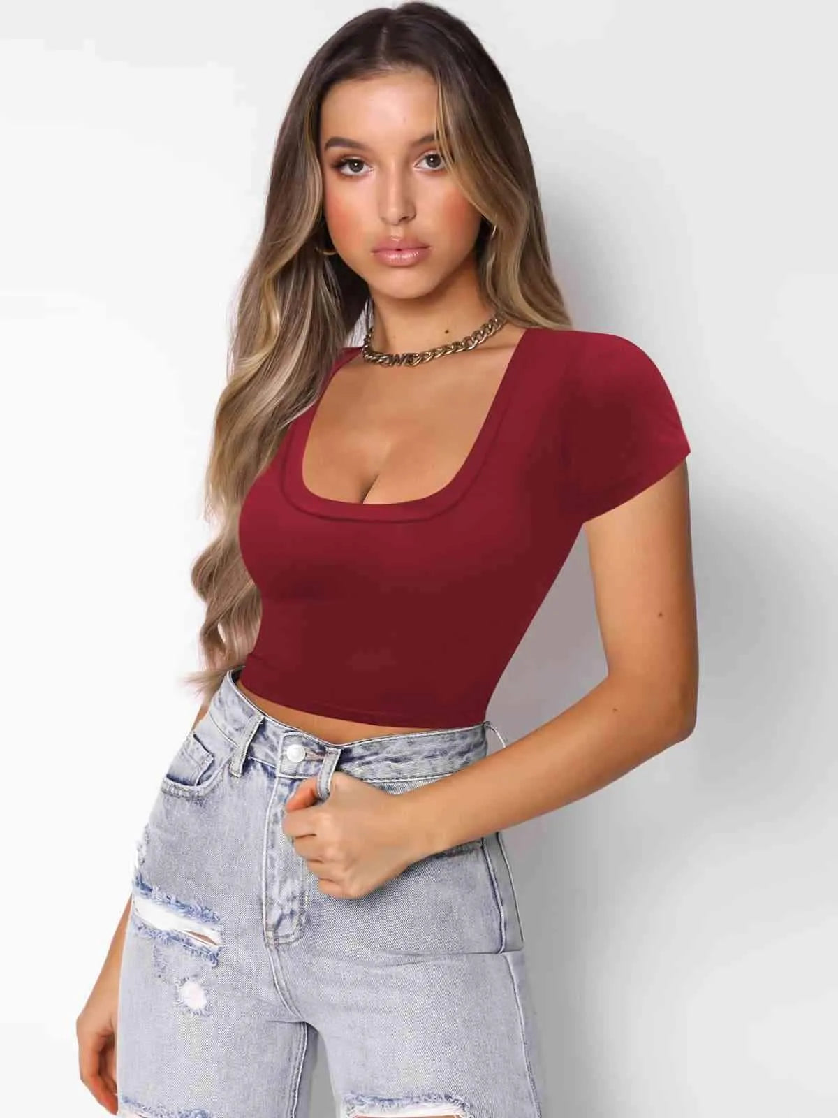 Square Neck Cropped T-Shirt Wine Blouses - Tophatter Daily Deals