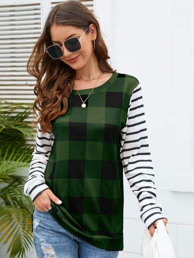 Plaid Striped Round Neck Long Sleeve T-Shirt Army Green Women's T-Shirts - Tophatter Daily Deals